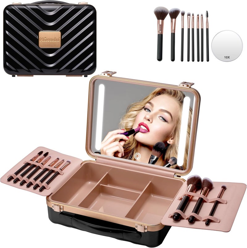 Mocado Travel Makeup Case with Lighted Mirror, Makeup Box with 8 Makeup Brushes and 10x Magnifying Mirror,Cosmetic Case Adjustable Brightness Makeup Train Case with Makeup Brushes Divider(Black) - Image 1